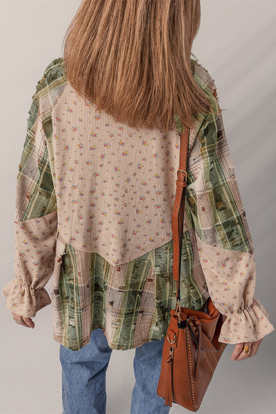 Women's Mist Green Boho Floral Plaid Shacket with Ruffled Sleeves & Distressed Details - Cozy Layering Top