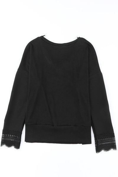 Women's Black Ribbed V-Neck Long Sleeve Top with Lace Trim Chic & Comfortable Everyday Essential for Stylish Looks