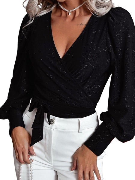 Shimmering Black V Neck Puff Sleeve Wrap Blouse
