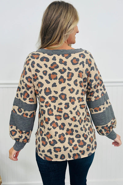 Trendy Women's Beige Leopard Print Color Block Long Sleeve Top with Drop Shoulders - Casual Chic Fashion Must-Have