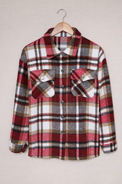 Chic Fiery Red Geometric Plaid Shacket for Women - Stylish Fall Layering Essential with Convenient Pockets