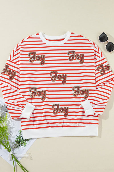 Women's Red Striped Sequin Joy Graphic Christmas Sweatshirt