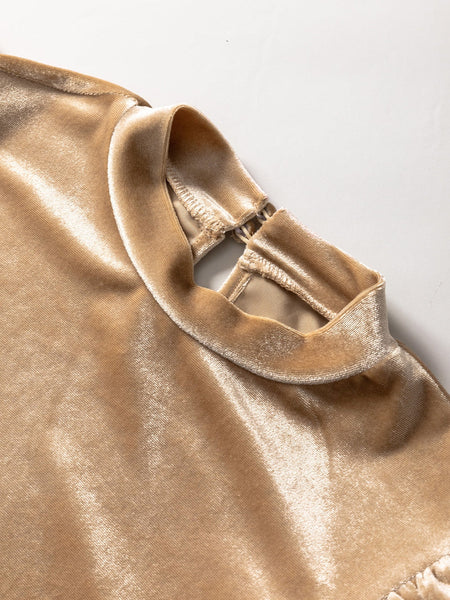 Romantic French Beige Ruffled Puff Sleeve Mock Neck Velvet Blouse