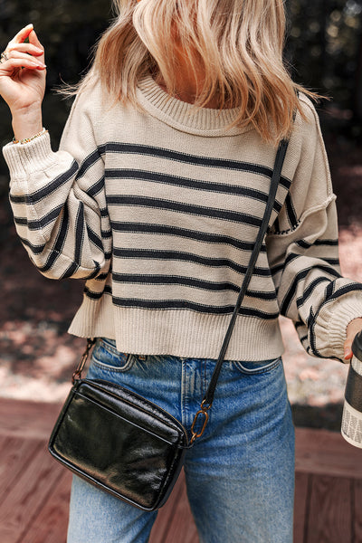 Cozy Women's Black Striped Puff Sleeve Sweater with Drop Shoulders - Trendy Ribbed Knitwear for Fall Fashion