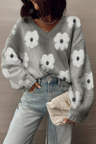 Cozy Women's Oversized Gray Floral Print Sweater with V-Neck and Drop Shoulders for Effortless Casual Style made for easy styling and wardrobe