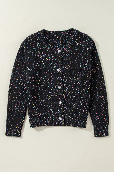 Chic Women's Black Rhinestone Confetti Sweater Cardigan - Cozy Fit for Everyday Style and Glamour