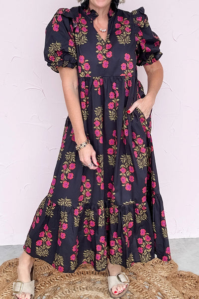 Beige Floral Tiered Maxi Dress for Women with Short Bubble Sleeves - Ideal for Spring and Summer Gatherings