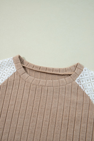 Women's Floral Patchwork Ribbed Blouse - Parchment Long Sleeve Top for Stylish Comfort in Everyday Wear