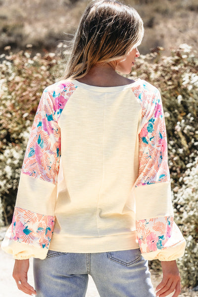 Trendy Women's Apricot Floral Patchwork Blouse with Textured Fabric and Balloon Sleeves for Effortless Style