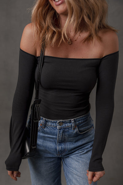 Chic Black Off-the-Shoulder Long Sleeve Tee for Women - Effortless Casual Style and Comfort in Any Wardrobe