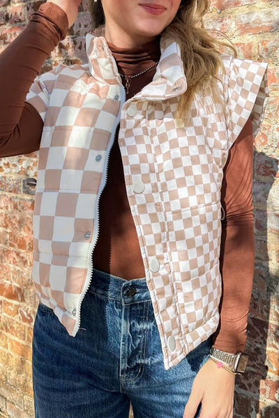 Women's Khaki Checkered Quilted Vest with Mock Neck