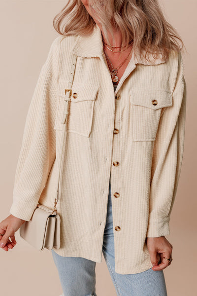 Cozy Women's Oatmeal Corduroy Shacket with Flap Pockets - Casual Button-Up Layer for Stylish Fall Outfits
