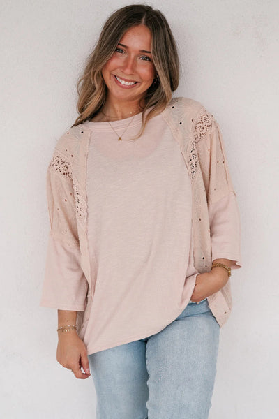 Apricot Pink Floral Lace T-Shirt for Women with Eyelet Patchwork and Bracelet Sleeves Stylish and Comfortable Top