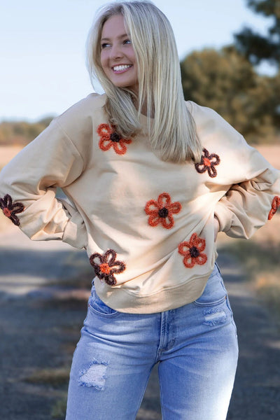 Cozy Chic Women's Sweatshirt in Jet Stream with Tinsel Flower Design - Relaxed Fit & Drop Shoulder for Casual Outings