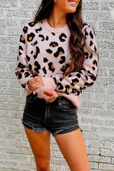 Cozy Women's Leopard Print Ribbed Pullover Sweater Chic Casual Knit Top with Trendy Trim for Fall Style