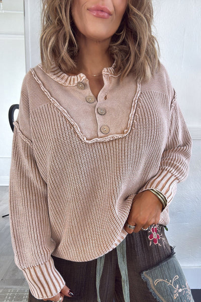 Cozy Women's Parchment Textured Patchwork Sweater with Button Neck & Drop Shoulder - Stylish Fall Essential