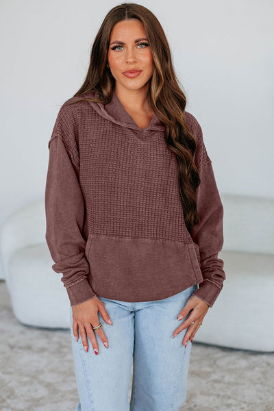 Women's Mineral Wash Hoodie with Contrast Textured Patchwork and Kangaroo Pocket - Stylish Solid Color Pullover