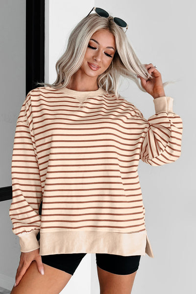 Cozy Women's Khaki Striped Baggy Sweatshirt with Ribbed Cuffs and Trendy Seam Detail for Effortless Style