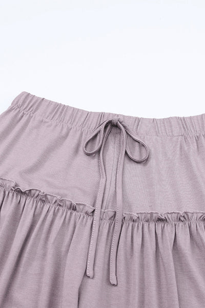 Women's Mauve Tiered Frill Wide-Leg Pants with Drawstring