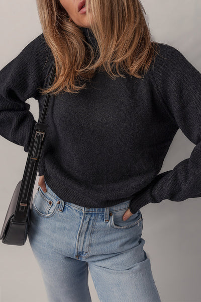 Stylish Women's Black Ribbed Knit High Neck Sweater with Cozy Raglan Sleeves - Ideal for Casual Chic Outfits