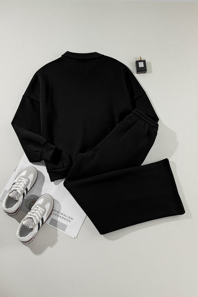Women's Black Drop Shoulder Zip-Up Jacket & Drawstring Pants Activewear Set for Comfortable Fitness Style