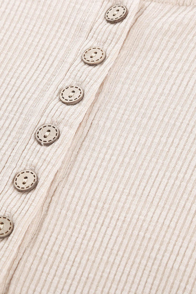 Chic Women's Beige Crochet Lace Hem Short Sleeve Button-Up Top for Effortless Casual Style