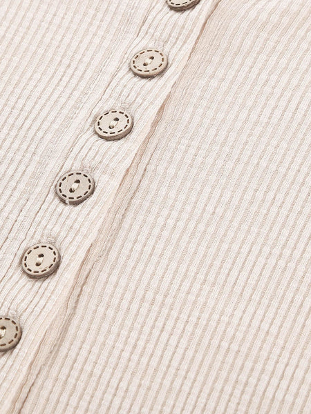 Beige Crochet Lace Sleeve Button Detail Top