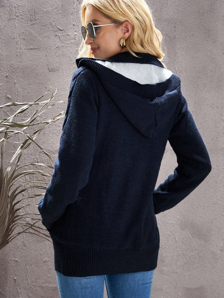 Navy Blue Cable Knit Faux Fur-Lined Hooded Sweater Coat
