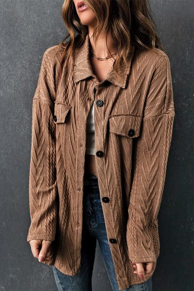 Oversized Khaki Textured Knit Shacket with Button Front