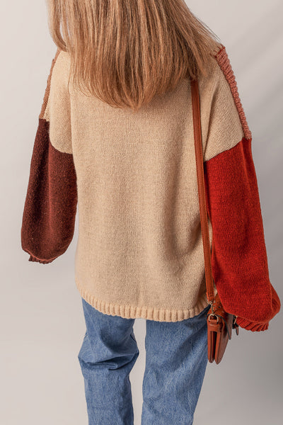 Cozy Women's Light Beige Color Block V-Neck Cardigan Sweater with Textured Fabric and Button Accents for Chic Comfort