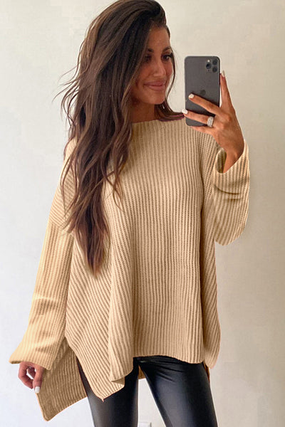Cozy Women's Apricot Cable Knit Sweater with Drop Shoulders & Side Slits - Relaxed Fit for Effortless Fall Fashion