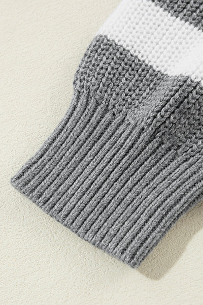 Cozy Women's Gray Striped Drop Shoulder Sweater with Geometric Texture for Effortless Casual Style