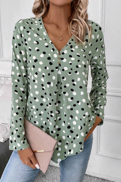 Stylish Women's Green Polka Dot V-Neck Blouse with Button Front - Perfect Casual Top for Spring and Summer Fashion