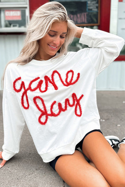 Women's Cozy White Graphic Sweatshirt with Drop Shoulders - Stylish Casual Wear for Game Day and Everyday Comfort