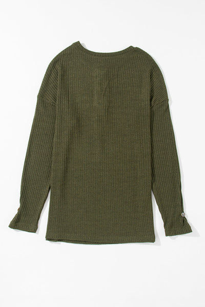 Women's Jungle Green Ribbed Henley Top - Chic & Comfy Knit Shirt for Casual Outings and Everyday Style