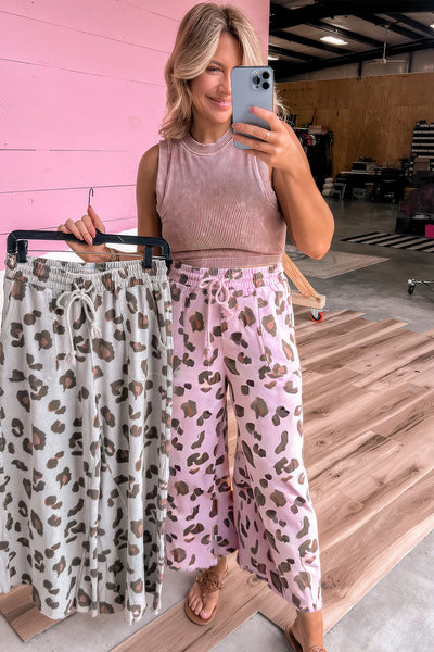 Women's Leopard Print Wide-Leg Drawstring Pants with Pockets