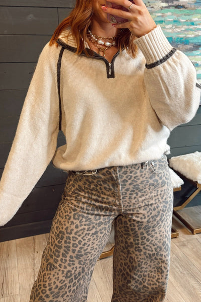 Cozy Women's White Quarter Zip Baggy Sweater with Contrast Trim & Ribbed Details for Stylish Winter Outfits