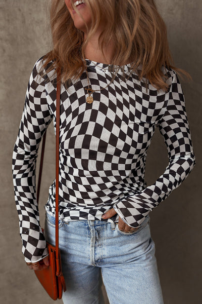 Trendy Women's Black Checkered Mesh Mock Neck Long Sleeve Top - Chic Style for Casual Outings and Everyday Wear