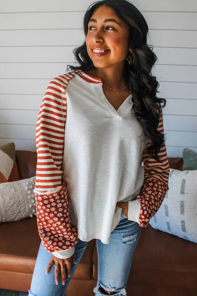 Women's Floral Color Block Long Sleeve Blouse Stylish Striped Top for Casual Chic Looks in White