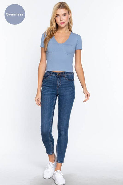 Short Sleeve V-neck Bust Line Detail Seamless Rib Top