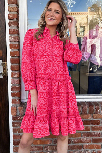 Women's Pink Bohemian Long Sleeve Mini Dress with Ruffled Hem and Chic Shirt Collar for Effortless Style