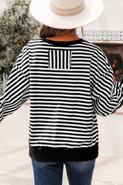 Chic Women's Black Stripe Drop Shoulder Pullover Top with Exposed Seams for Effortless Casual Style