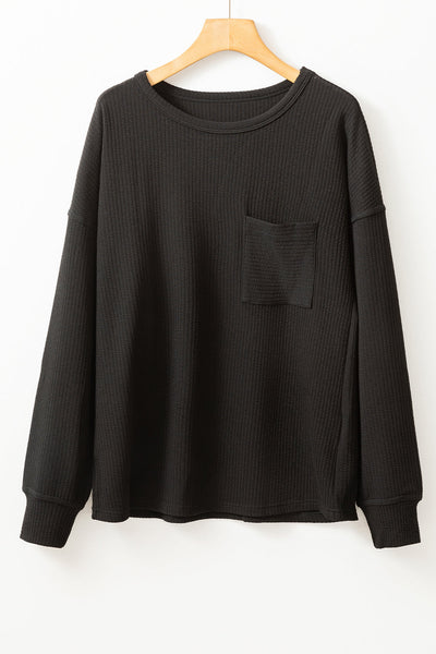 Stylish Women's Black Corded Drop Shoulder Long Sleeve Top - Cozy Everyday Essential for Effortless Chic Looks