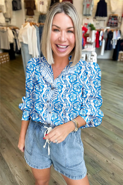 Women's Sky Blue Floral Ruffle Button-Down Shirt with Smocked Cuffs