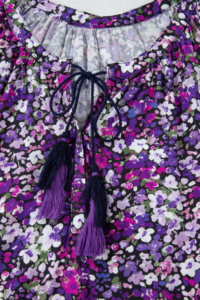 Women's Trendy Purple Boho Floral Blouse with Split V-Neck & Bubble Sleeves - Stylish, Comfortable Fashion Top