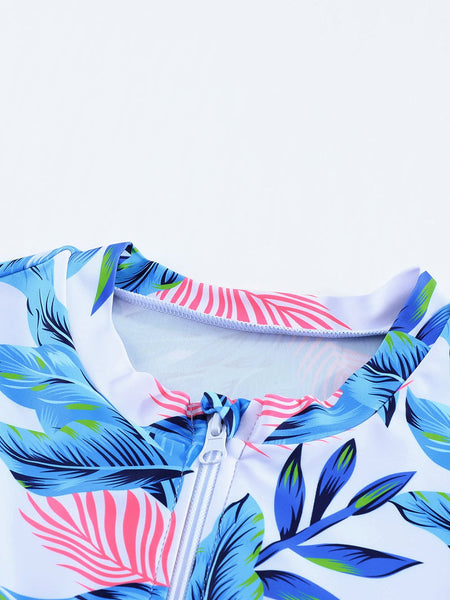 Women's Floral Print Zip Front Half Sleeve Beach One Piece Swimsuit