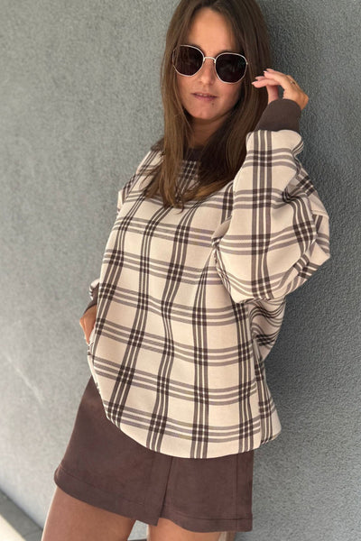 Women's Cozy Plaid Pullover Sweatshirt in Parchment - Relaxed Fit for Effortless Everyday Style