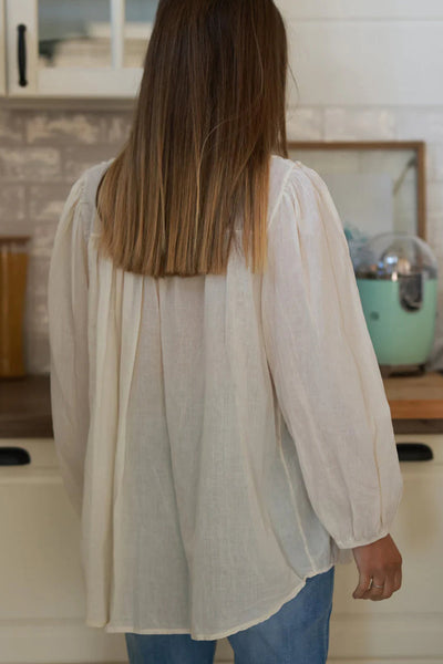 Stylish Beige Floaty Blouse for Women - Smocked Chest, Elastic Cuffs, Loose Fit for Ultimate Comfort