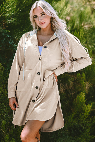 Trendy Women's Oversized Beige Hooded Corduroy Shacket - Cozy Layering Jacket with Stylish Contrast Design