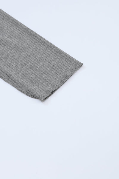 Trendy Women's Gray Color Block Ribbed Knit Top with Exposed Seams for a Comfortable and Chic Everyday Look